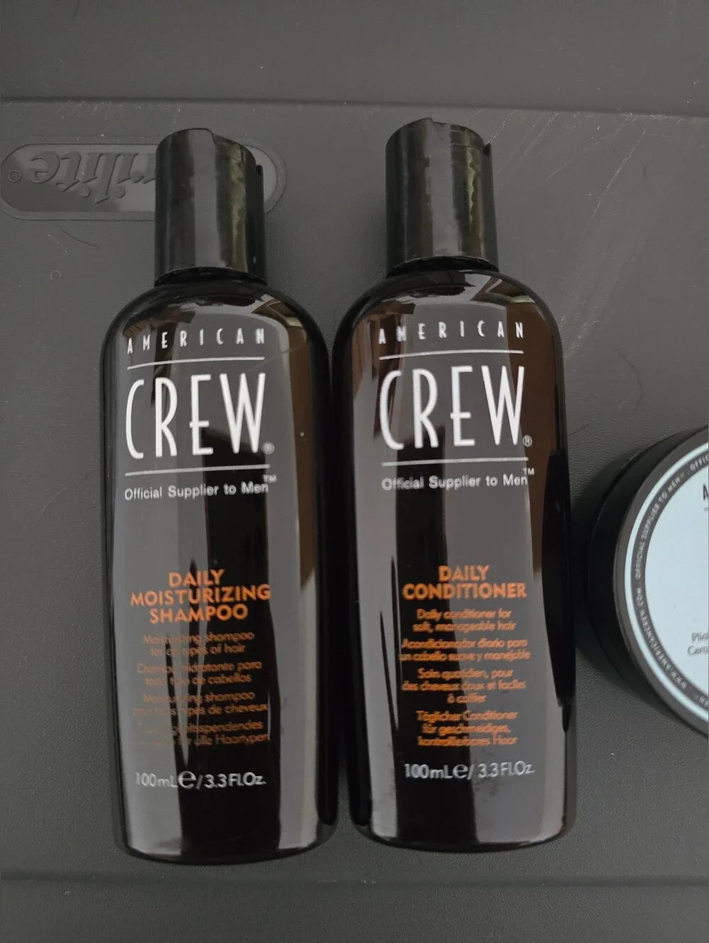 THREE American Crew 4-piece travel set-shampoo,conditioner,fiber Cream,shave Gel
